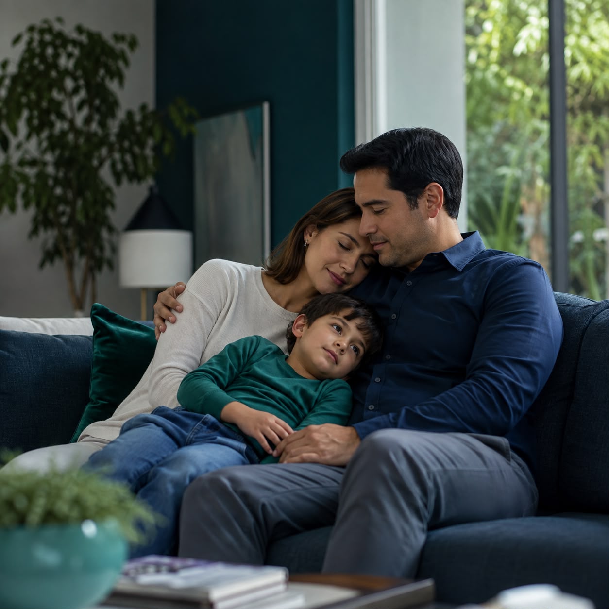 Familia en casa, tranquila y protegida