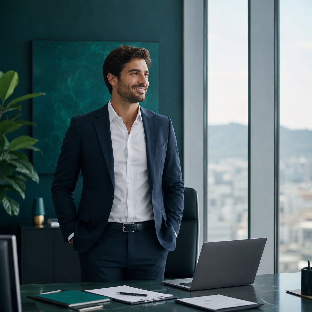Asesor de seguros sonriendo con confianza en una oficina moderna