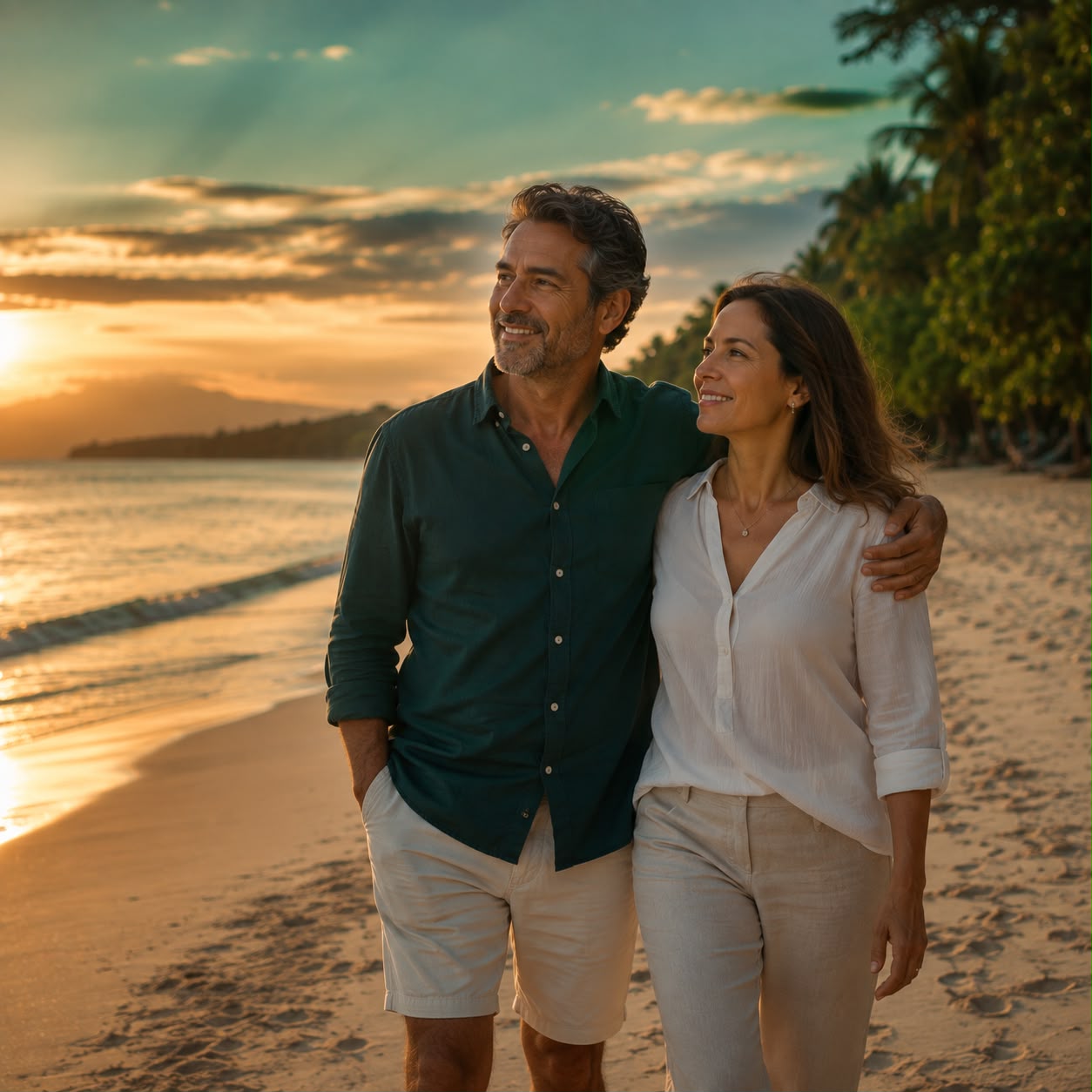 Pareja disfrutando de un atardecer en la playa, con libertad financiera