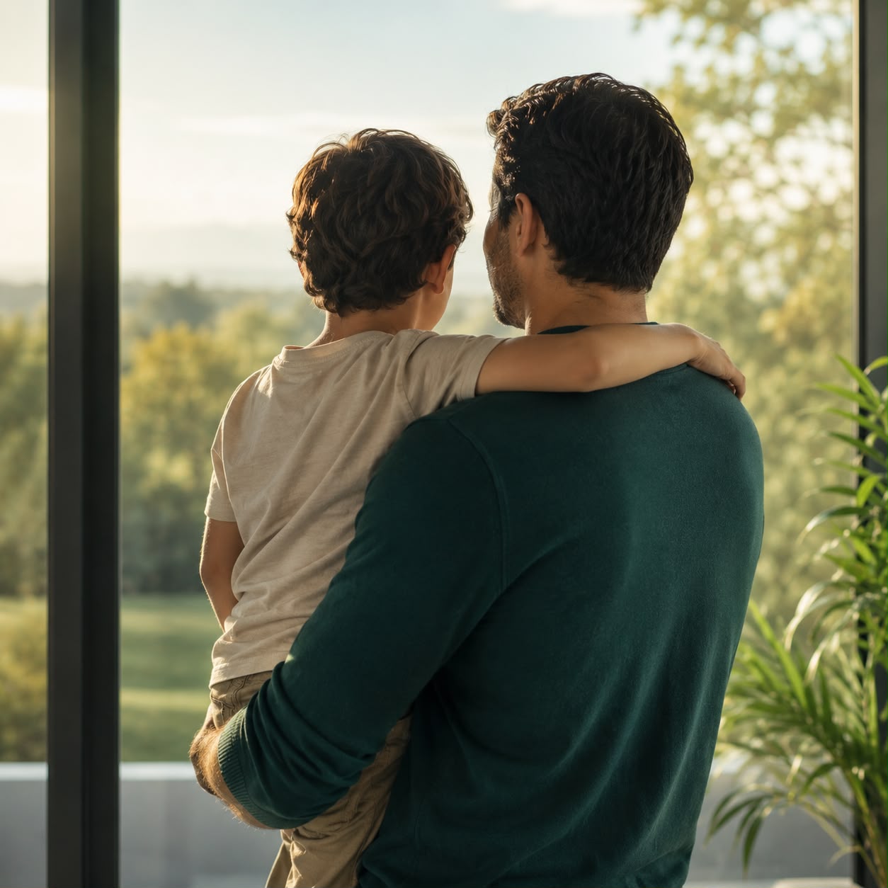 Padre cargando a su hijo, mirando hacia el futuro con protección